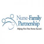 The image is a logo for the Nurse-Family Partnership, a program that helps first-time parents succeed. The logo is blue and white and consists of a stylized figure of a person with two circles on either side. The text "Nurse-Family Partnership" is written in a serif font, and the phrase "Helping First-Time Parents Succeed" is written in a sans-serif font. This logo represents the organization's mission to support new parents.