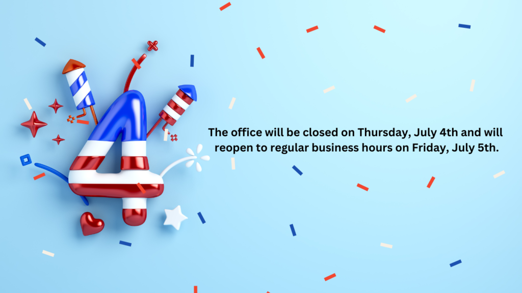"Announcement of office closure for the 4th of July. The image features a large 3D number '4' decorated with red and white stripes and blue stars, resembling the American flag. Surrounding the number are various festive elements like fireworks and confetti in red, white, and blue. The background is light blue. The text on the right side reads, 'The office will be closed on Thursday, July 4th and will reopen to regular business hours on Friday, July 5th.'"